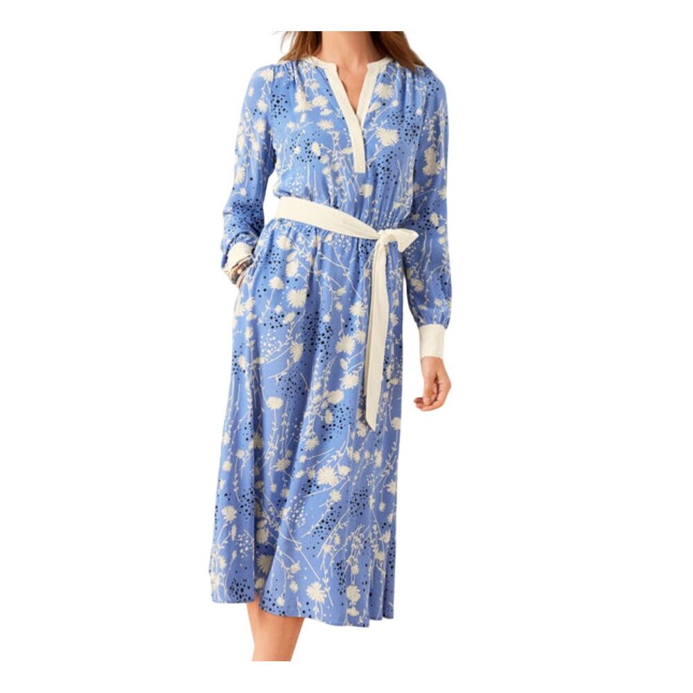 Talbots Blue White Floral Belted Fit & Flare Shirtdress Long Sleeve Midi Dress